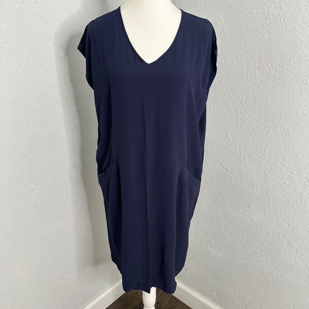 Eileen Fisher Navy Blue‎ V Neck Cap Sleeve Knee Length Pocket Dress XS TP